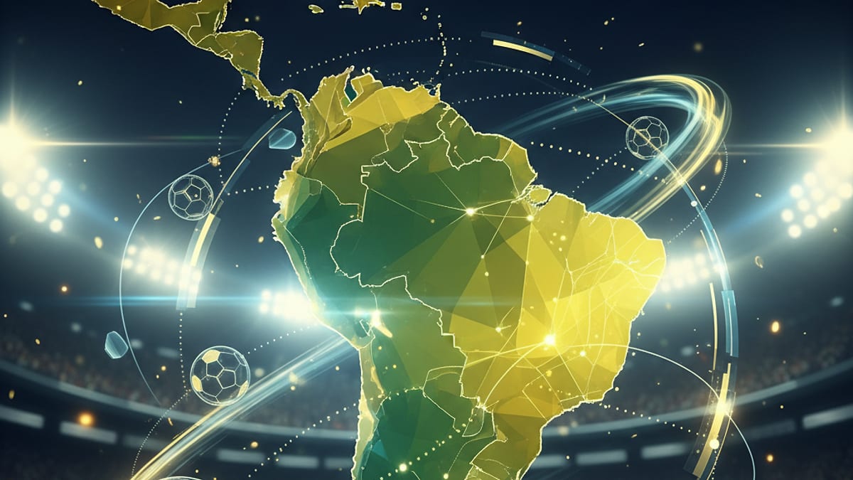 Mapa da América do Sul estilizado em tons de verde e amarelo