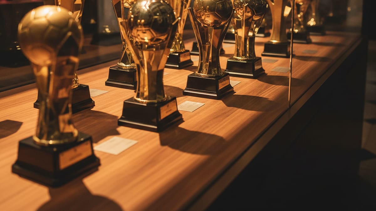 Várias taças douradas com design de bola de futebol em uma vitrine de madeira e vidro.