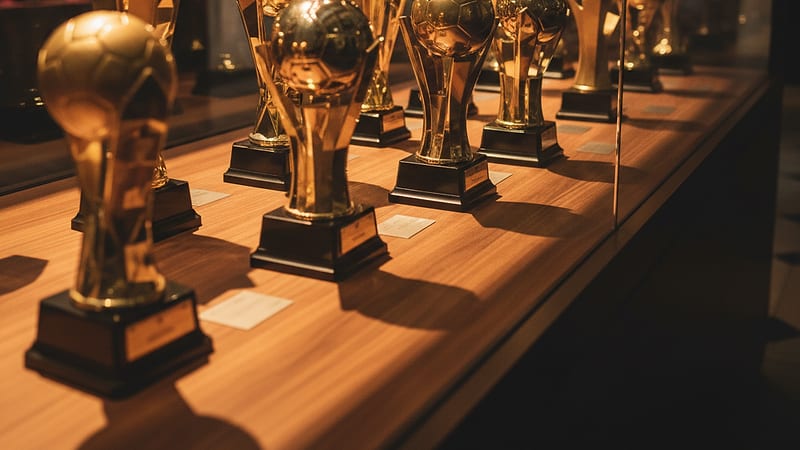 Várias taças douradas com design de bola de futebol em uma vitrine de madeira e vidro.