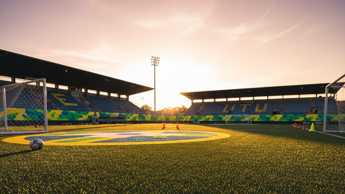 Campo de treinamento vazio ao entardecer com bandeiras verde e amarela
