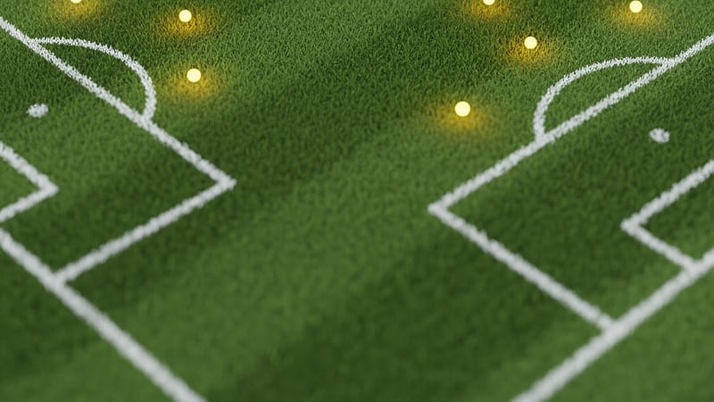 Campo de futebol de grama verde com linhas brancas e pontos de luz amarela no centro e perto das áreas.